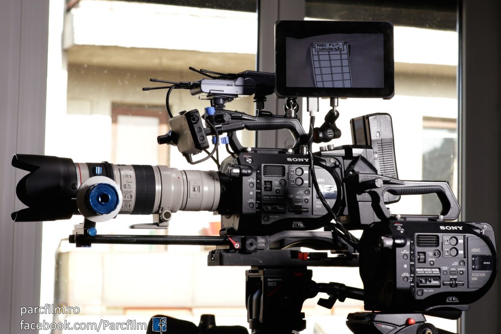 Sony FS7 almost fully equipped with SmallHD 7" monitor, extension unit, v-mount battery, two microphone wireless receivers, base plate, 15mm rods and follow focus